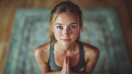 Naklejka premium Young Woman Practicing Yoga Indoors With Focused Expression and Hands in Prayer Position During Morning Light