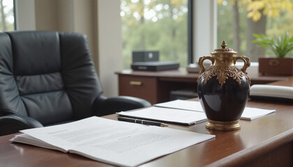 Ornate urn on desk in modern office setting