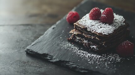  A chocolate cake with powdered sugar and raspberries on a slate platter with two raspberries on top