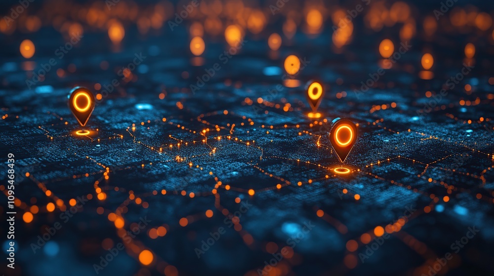 Poster digital world map with glowing location markers: abstract navigation and technology concept