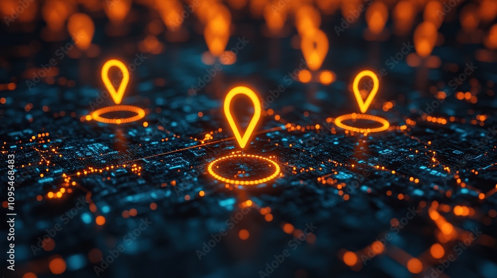 Poster neon glowing location markers on digital map: gps navigation technology