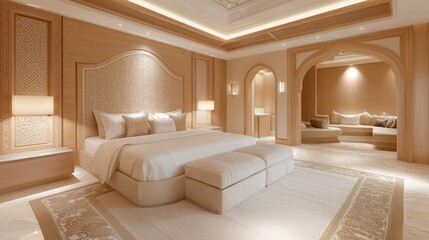Opulent Modern-Arabian Islamic Guest Room Interior with Plush Bedding and Traditional Textiles 3D Render