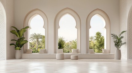 Fototapeta premium Contemporary Islamic Interior Design in a Modern Arabian Living Space 3D Render with Inspired Patterns and Minimalist Decor