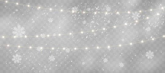 Golden Christmas Garlands in a Winter Wonderland: Bright Holiday Lights with Snowy Effects © Максим Славов
