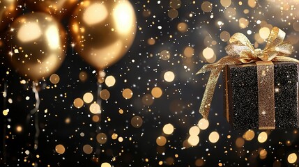  Black gift box with gold ribbon and bow on black background with gold and white lights