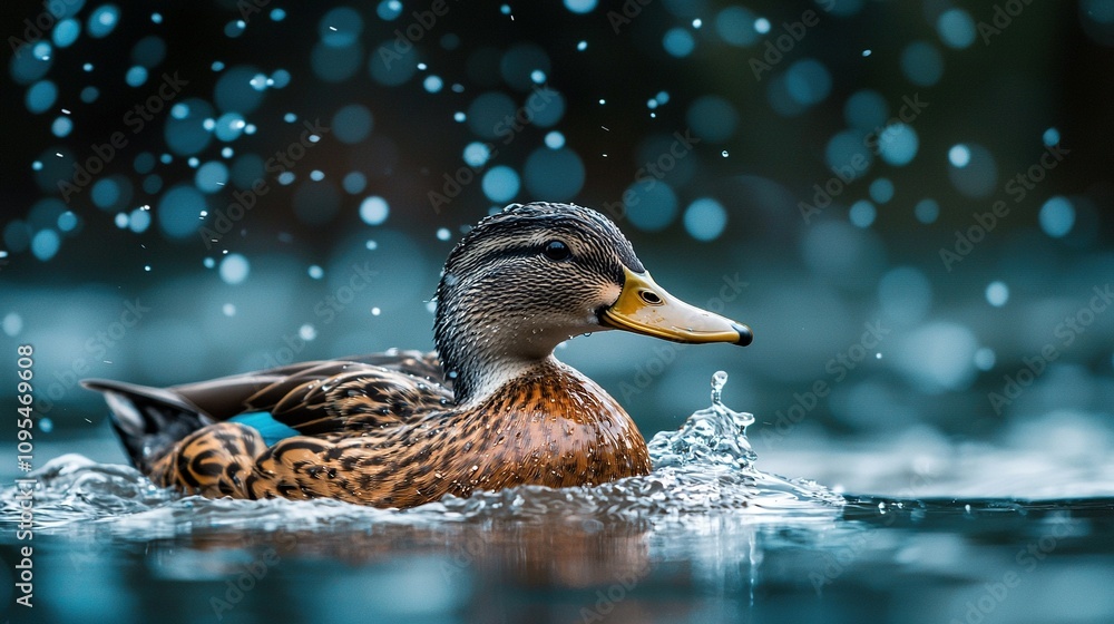Poster a sharp image of a duck submerged in water droplets, surrounded by a hazy backdrop