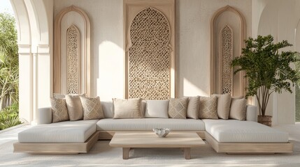 Modern Arabian Islamic Family Room 3D Render with Sectional Sofa and Elegant Decor