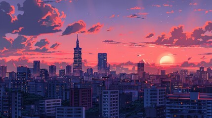 Fototapeta premium Vibrant sunset over a cityscape, showcasing skyscrapers and clouds.