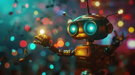 Retro robot conductor orchestrates glowing musical notes in vibrant bokeh.
