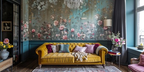 Cozy apartment with delicate pastel floral wallpaper, featuring stylish furniture, soft lighting, and a warm, inviting ambiance with a modern yet vintage touch