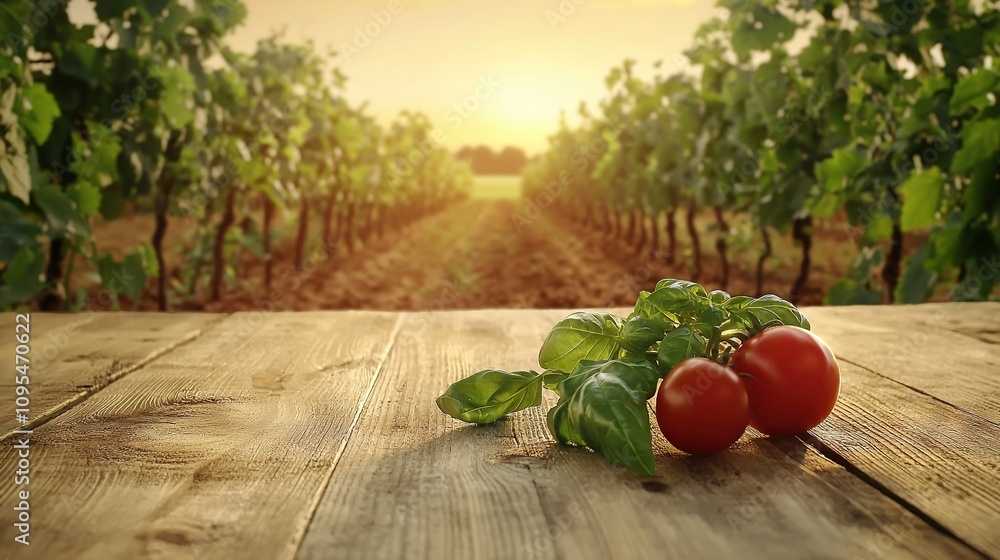 Poster a cluster of ripe red tomatoes rests on a wooden table, surrounded by an array of verdant leaves on 