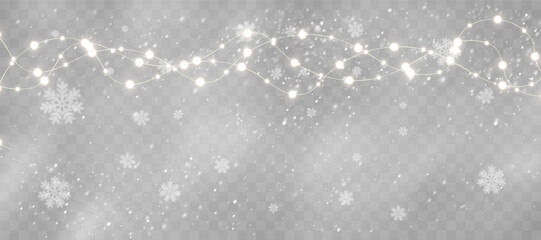 Golden Christmas Garlands in a Winter Wonderland: Bright Holiday Lights with Snowy Effects