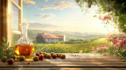 Fototapeta premium A bottle of olive oil rests on a wooden table near a window overlooking a vineyard