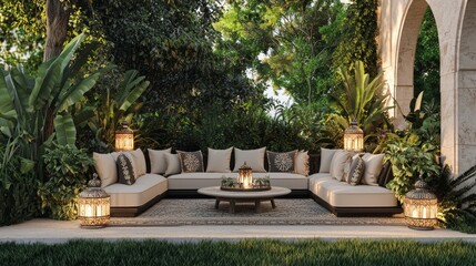 Luxurious Arabian Nights Outdoor Lounge with Decorative Lanterns and Lush Greenery 3D Render Digital Artwork
