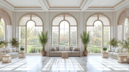 Fototapeta premium Luxurious Modern Arabian Sunroom Interior Design with Elegant Decor and Large Windows | 3D Render Artwork