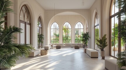 Vibrant Modern-Arabian Islamic Interior Design in Contemporary Art Studio 3D Render with Natural Light and Decorative Elements for Creativity and Reflection