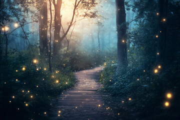 Fototapeta premium Enchanted Forest Path with Fireflies