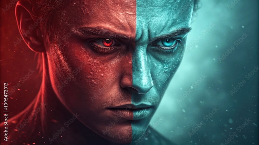 Poster In this surreal image a face is split down the middle with one side glowing in a deep crimson and the other shimmering in icy teal. The contrasting expressions with one side