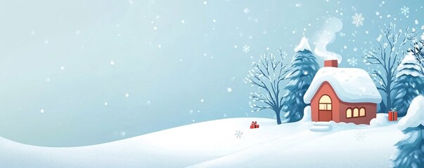 Cozy red house covered in snow during a christmas snowfall