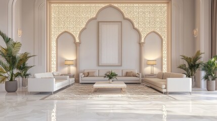 Modern-Arabian Islamic Conference Room Interior Design 3D Render with Elegant Decor and Calming Palette