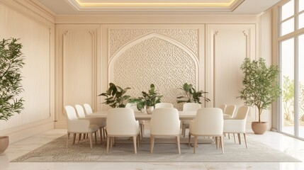 Luxurious Modern-Arabian Islamic Conference Room Interior Design 3D Render with Elegant Furniture and Calming Color Palette