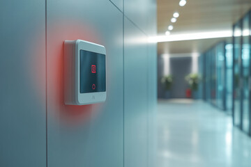 Fire alarm. A modern wall-mounted device with a screen, displaying a digital interface and glowing red, set in a sleek, well-lit office environment.