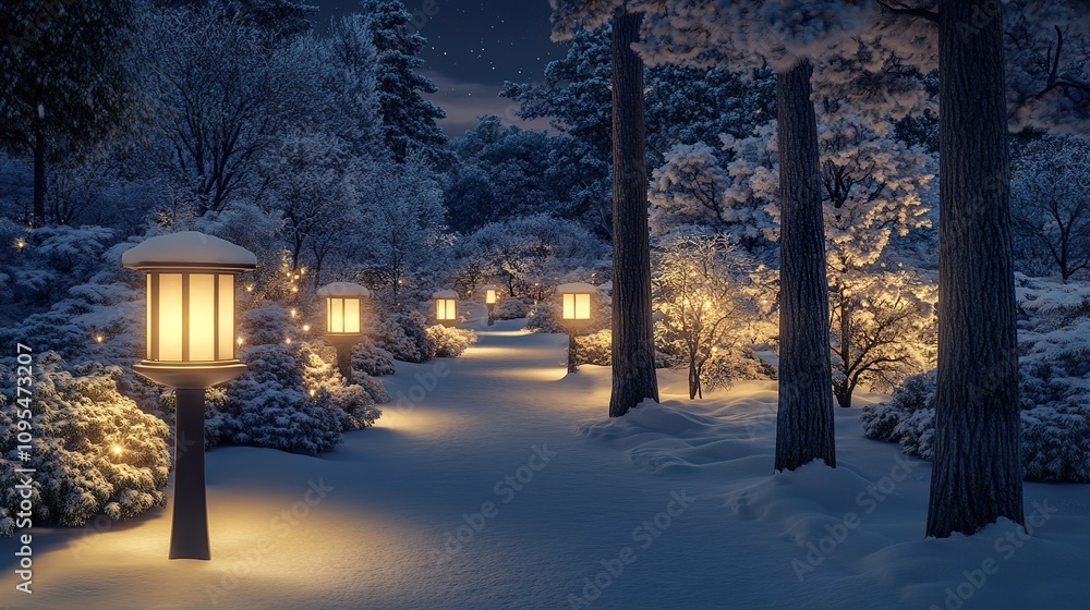 Poster a serene nighttime scene with softly glowing lanterns illuminating a path through a snowy garden, su