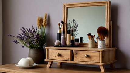 Wooden vanity table with mirror, makeup brushes, cosmetics, and lavender.