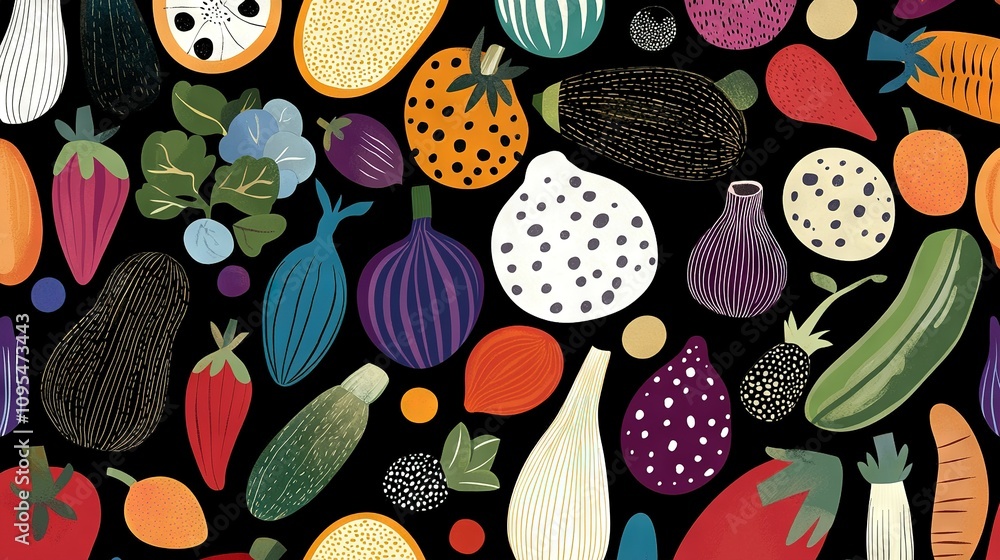 Poster various fruits and vegetables on a dark backdrop with a white circle centered in the image
