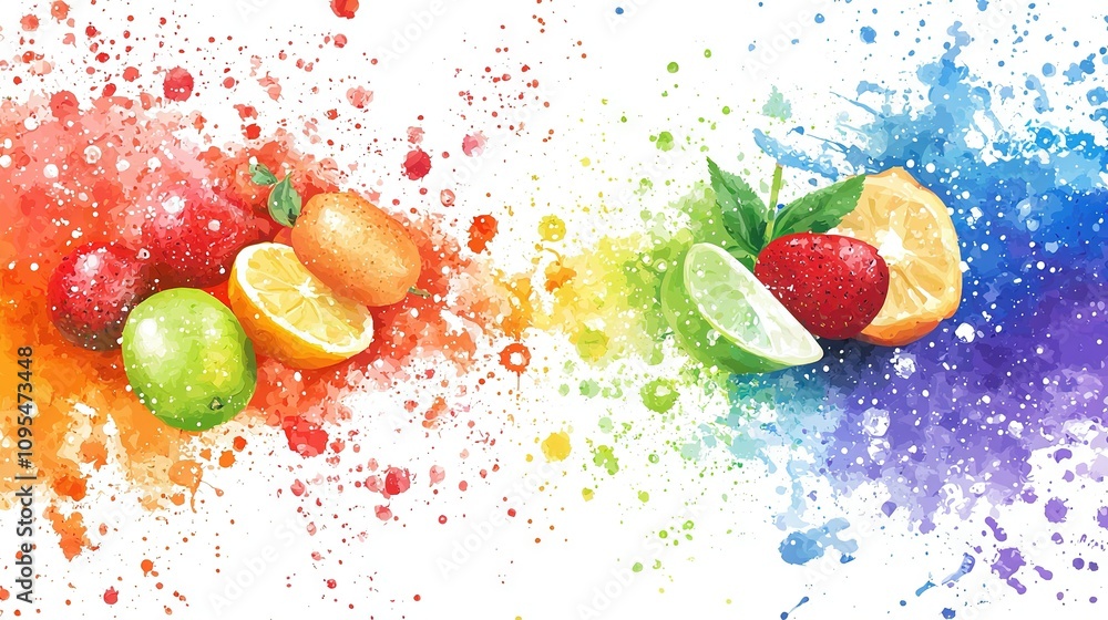 Poster a colorful array of fruits resting atop a vibrant liquid surface on a painted background