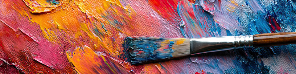 Fototapeta premium A drippy paintbrush dipped in acrylics, resting on a palette next to a canvas with loose brushstrokes.