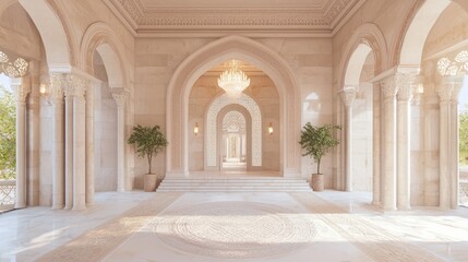Fototapeta premium Luxurious Modern-Arabian Islamic Foyer with Intricate Tile Work and Grand Chandelier | 3D Render Digital Artwork