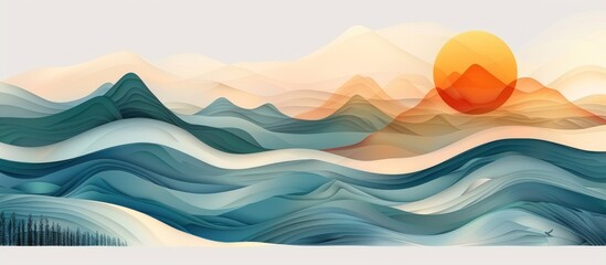 Fototapeta premium Abstract landscape painting of serene mountains and sea waves under a setting sun.