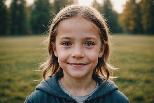 Close portrait of a smiling Latvian female kid looking at the camera, Latvian outdoors blurred background