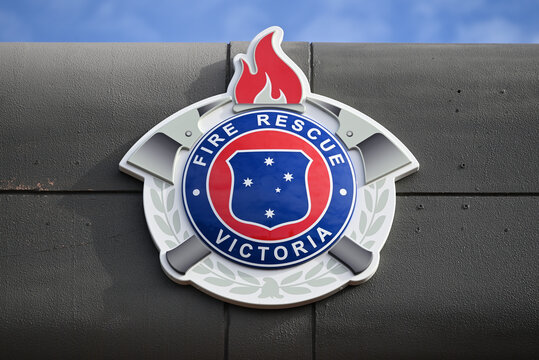 A closeup of the new Fire Rescue Victoria emblem, replacing the previous Metropolitan Fire Brigade logo