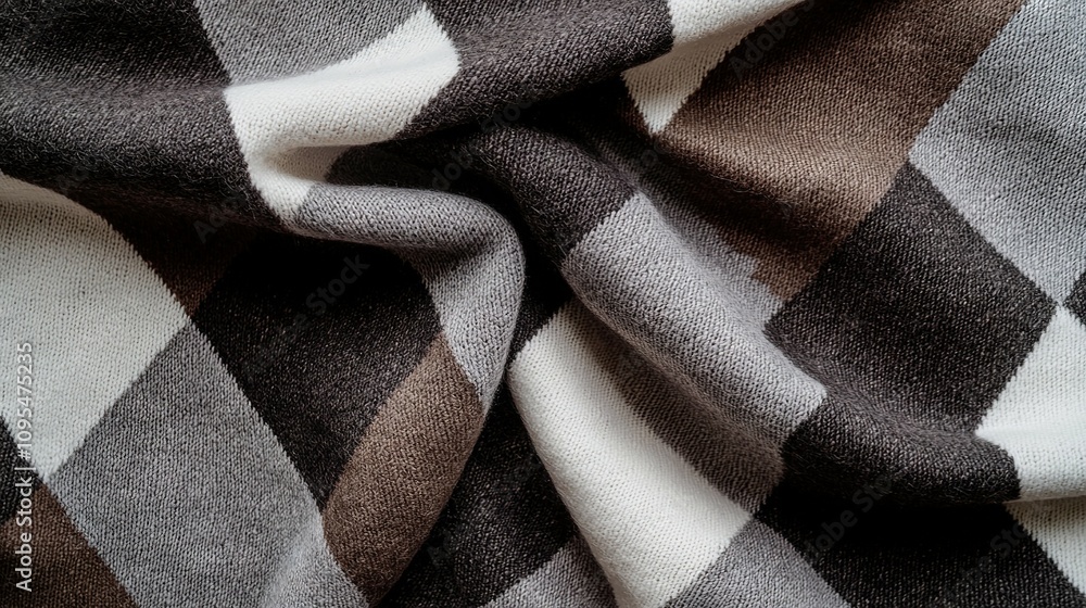 Poster a monochromatic, checked fabric with a multicolored pattern on its back