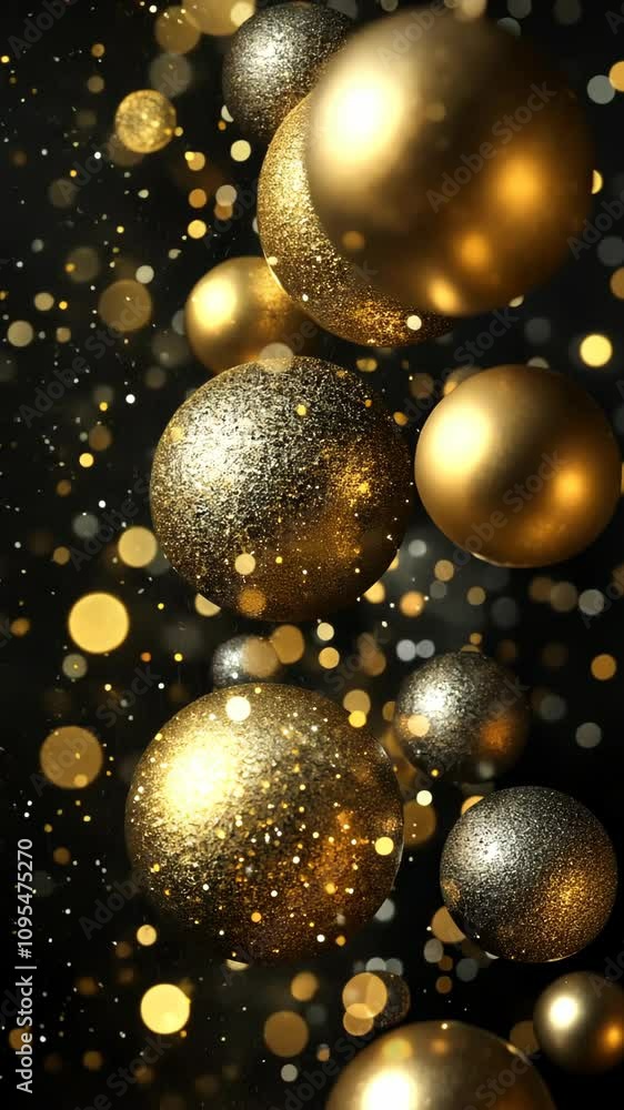 Poster sparkling golden and silver ornaments floating against a dark background creating a festive atmosphe