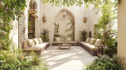 Serene Arabian Oasis: 3D Render of Modern Islamic Outdoor Space with Luxurious Seating and Lush Greenery for Relaxation and Reflection