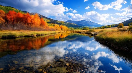 Fototapeta premium A crystal clear mountain river reflecting the colorful