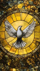 A stained glass window with a white dove in the center, a golden background, and light emanating from the circle around it