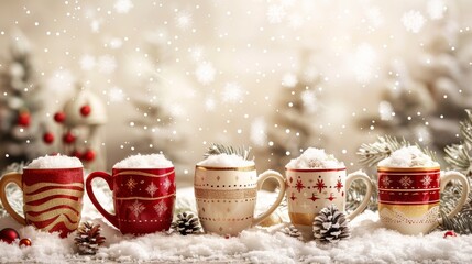Charming winter themed christmas mug display with red and gold accents in a festive snowy setting