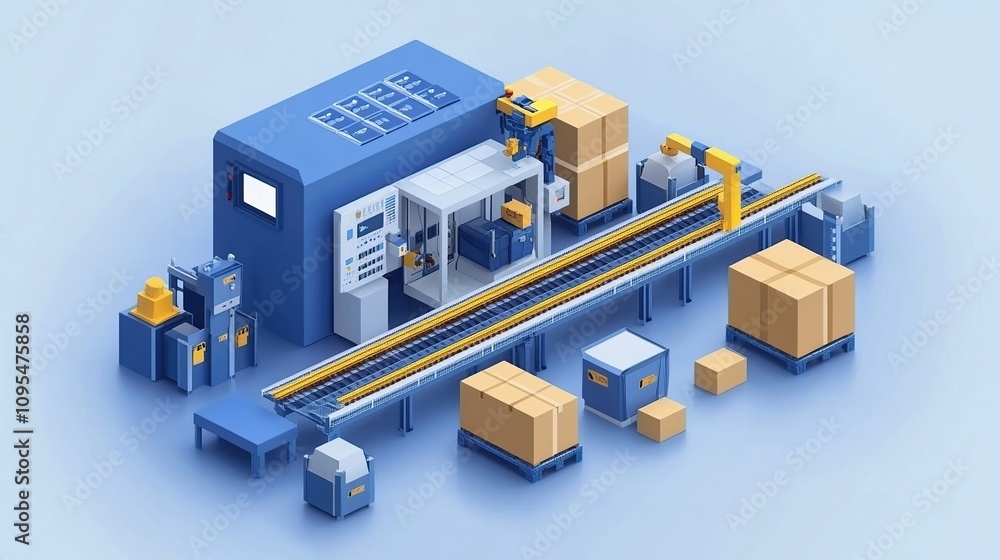 Poster automated manufacturing plant: isometric 3d rendering of a modern factory workflow