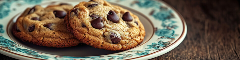 A close-up of a grandmother's famous chocolate chip cookies on a vintage plate.