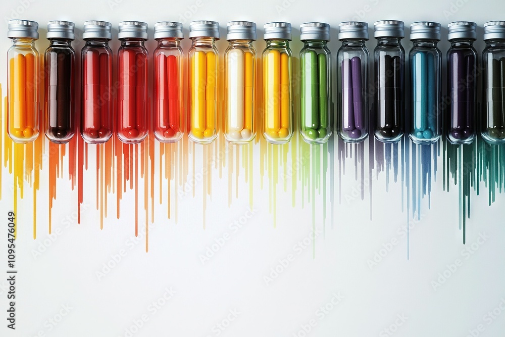 Poster row of bottles with varying splashes of paint on their tops and bases