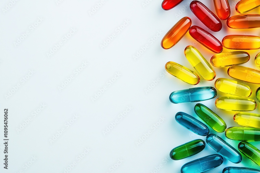 Poster a collection of vibrant pills arranged on a white background with an empty spot in between them