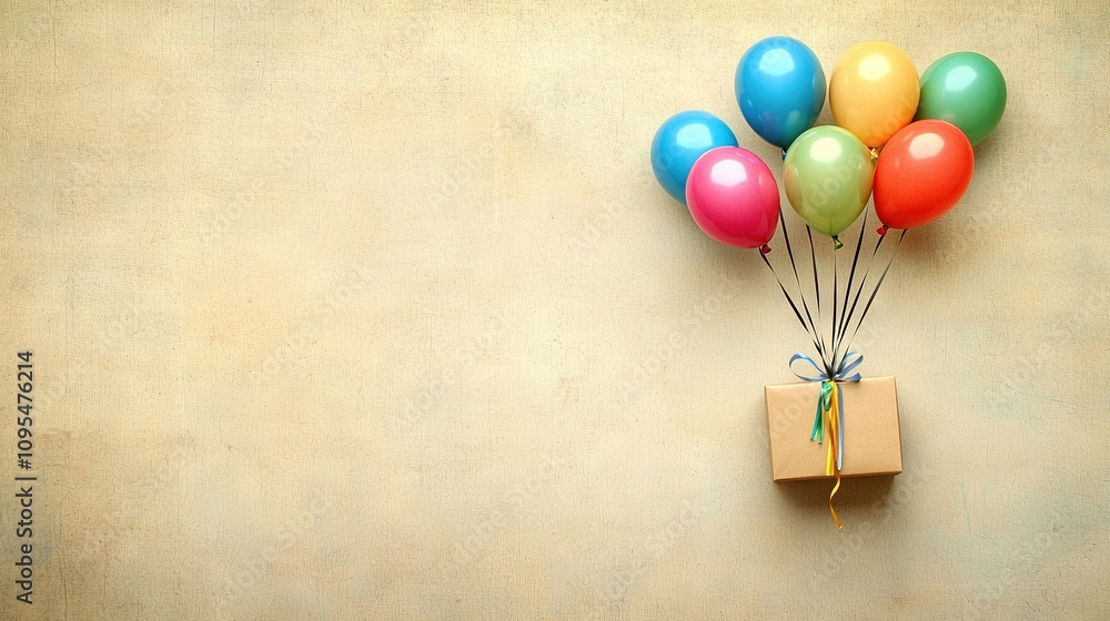 Poster a string of balloons is tied to a wall with a present box at its center, adorned with a bow
