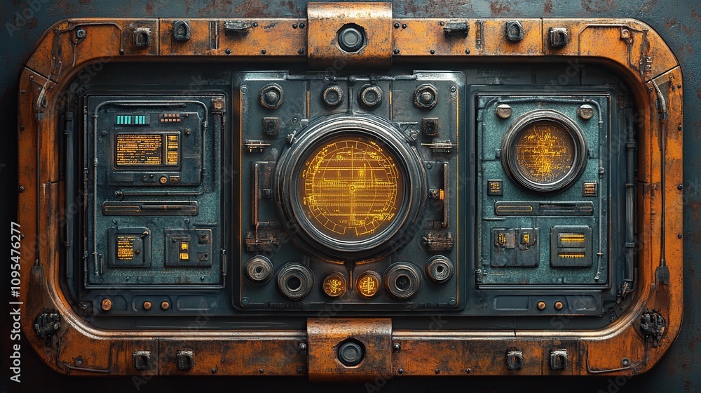 Poster futuristic sci-fi control panel: a detailed rendering of a weathered, orange and teal spaceship cons