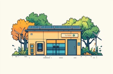 Cartoon energy station with solar panels and wind turbines