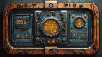 Futuristic Sci-Fi Control Panel:  A detailed rendering of a weathered, orange and teal spaceship console