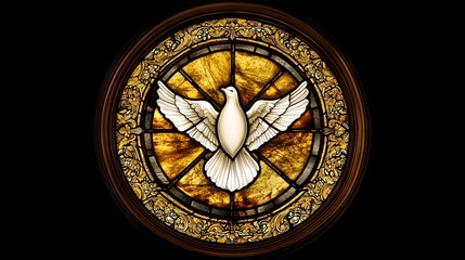 A stained glass window with a white dove in the center, a golden background, and light emanating from the circle around it